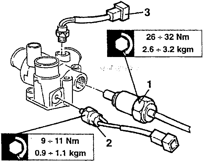 Diagram showing torque specifications for components: 26 + 32 Nm / 2.6 + 3.2 kgm and 9 + 11 Nm / 0.9 + 1.1 kgm