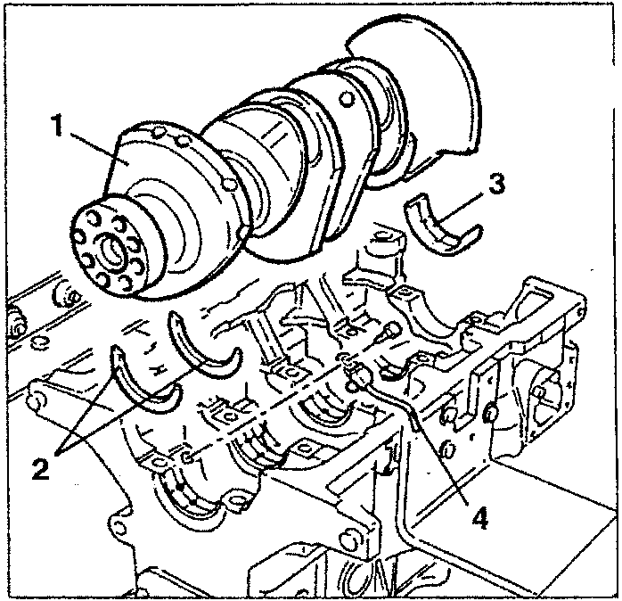 Crankshaft being removed with main bearing halves and thrust half rings.