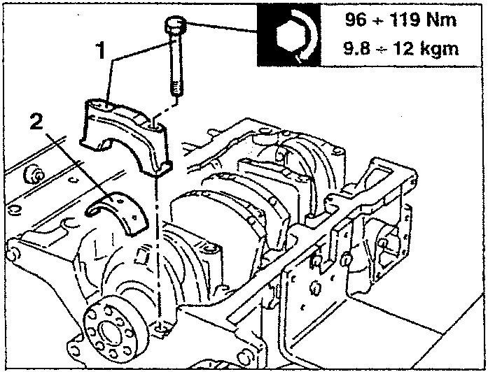 Main bearing halves being removed with torque specification 96 ÷ 119 Nm / 9.8 ÷ 12 kgm.