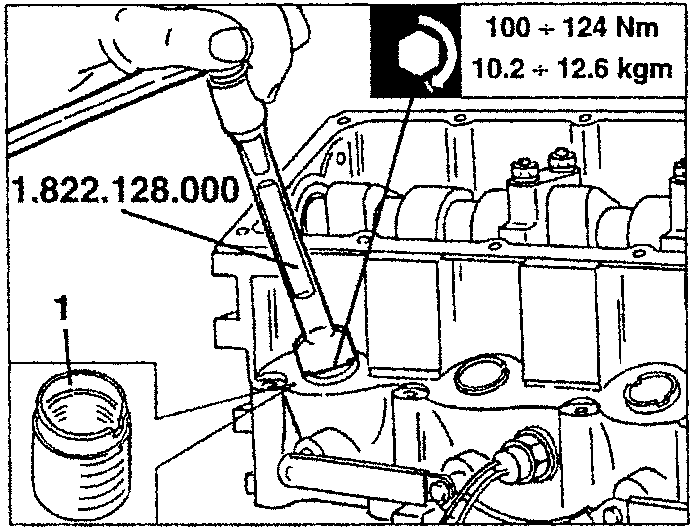 Diagram showing removal of combustion prechamber fixing bushing with tool 1.822.128.000