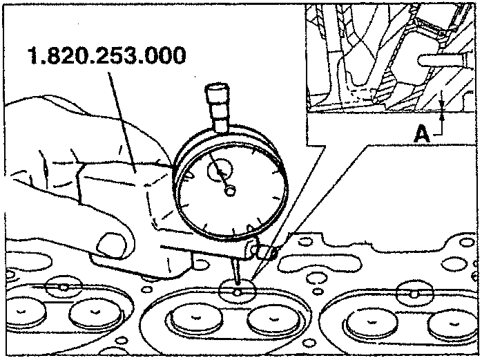 Illustration showing a hand using a dial indicator to measure the height of a cylinder head.