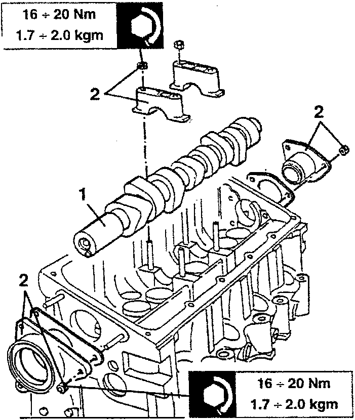 Camshaft installed in engine block with caps and supports