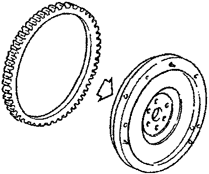 Diagram showing flywheel ring gear separated from flywheel, labeled with part number 1