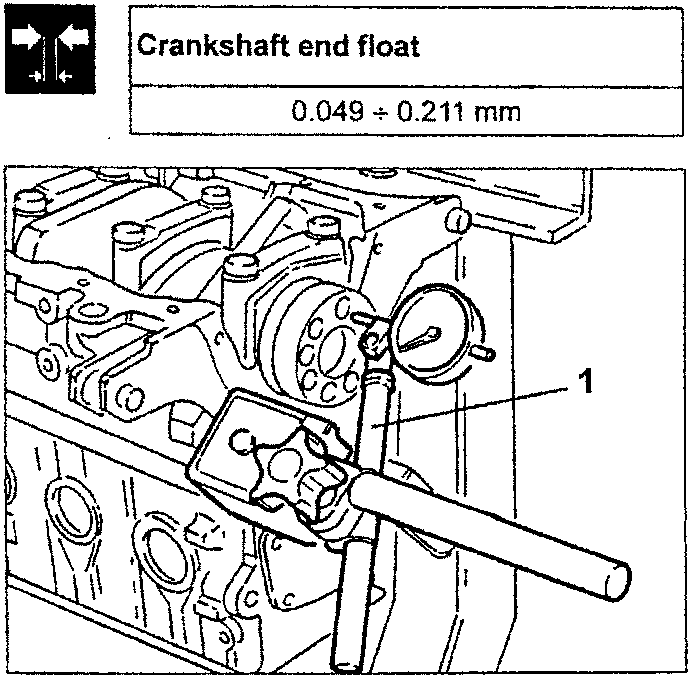 Engine with dial gauge measuring crankshaft end float