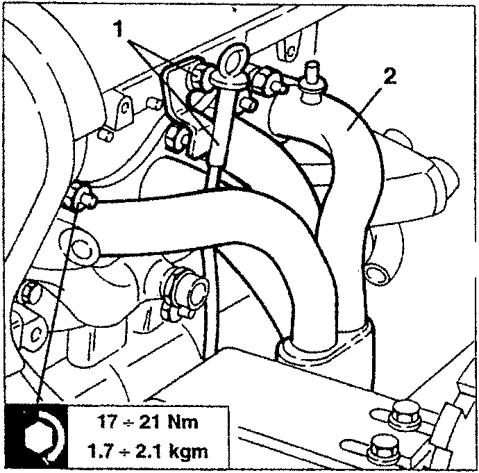 Exhaust manifold with fastening nuts and oil dipstick