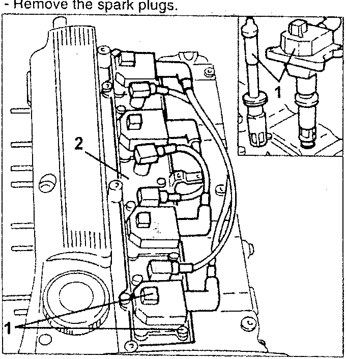 Illustration showing spark plugs being removed from an engine block.