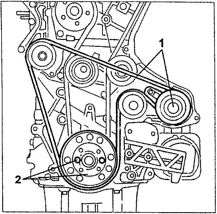 Engine diagram showing belt tensioner and pulleys