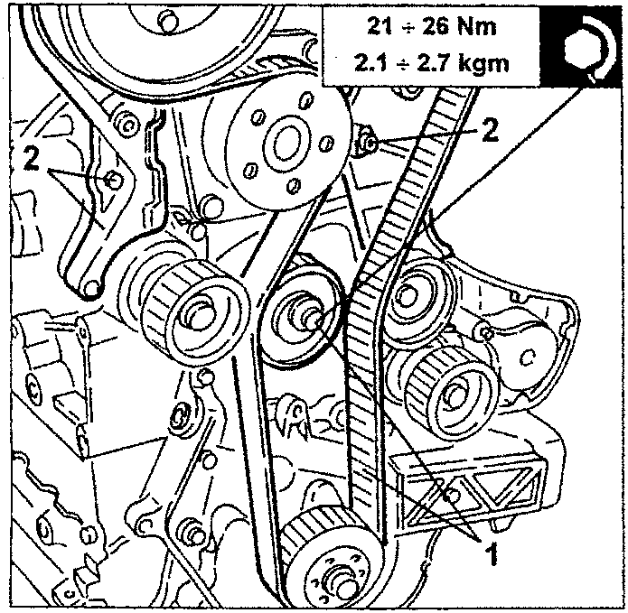Engine diagram showing camshaft belt tensioner and side guards