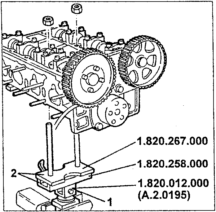 Cylinder head disassembly setup with numbered parts 1, 2, and tools 1.820.267.000, 1.820.258.000, 1.820.012.000 (A.2.0195)