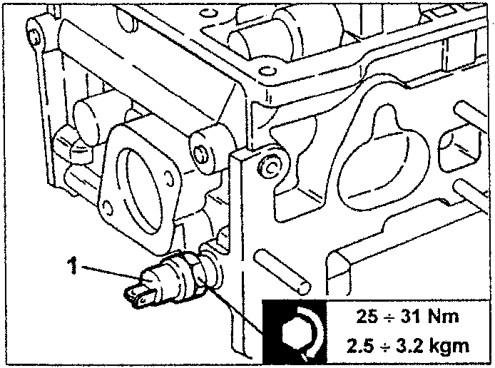 Diagram showing removal of temperature gauge transmitter with torque specification F4 25 ÷ 31 Nm 2.5 ÷ 3.2 kgm
