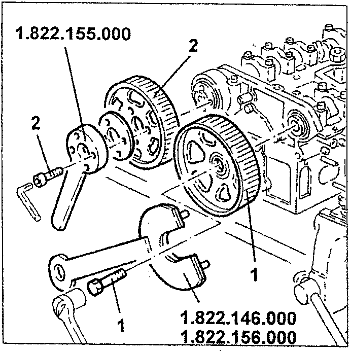 Diagram showing tools 1.822.146.000, 1.822.155.000, 1.822.156.000 used on camshaft drive pulleys