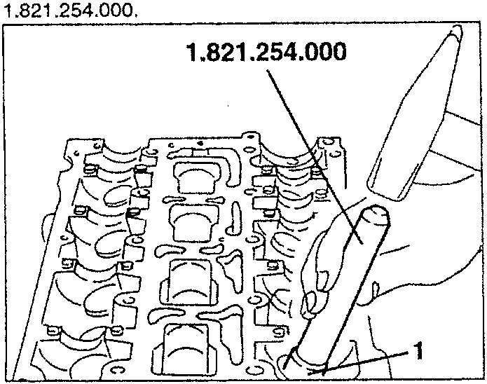 Illustration showing insertion of new valve guide using tool 1.821.254.000