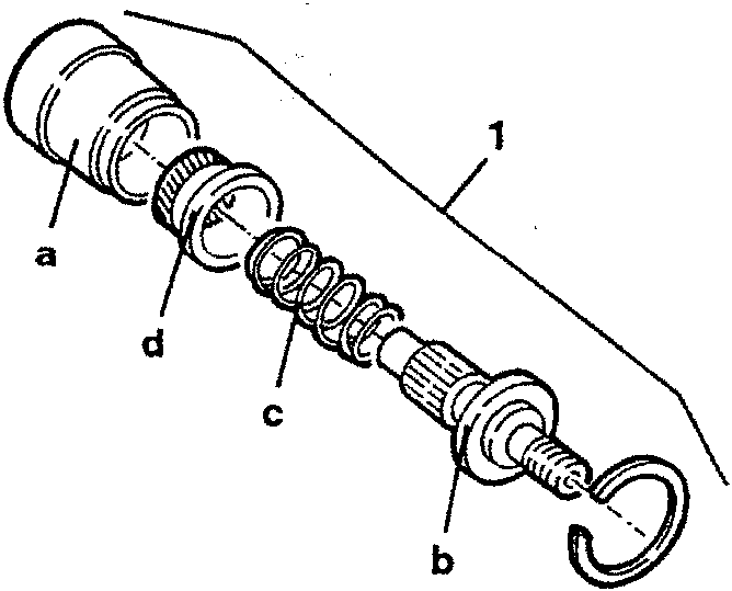 Disassembled timing variator showing stop ring, pinion, spring, and piston