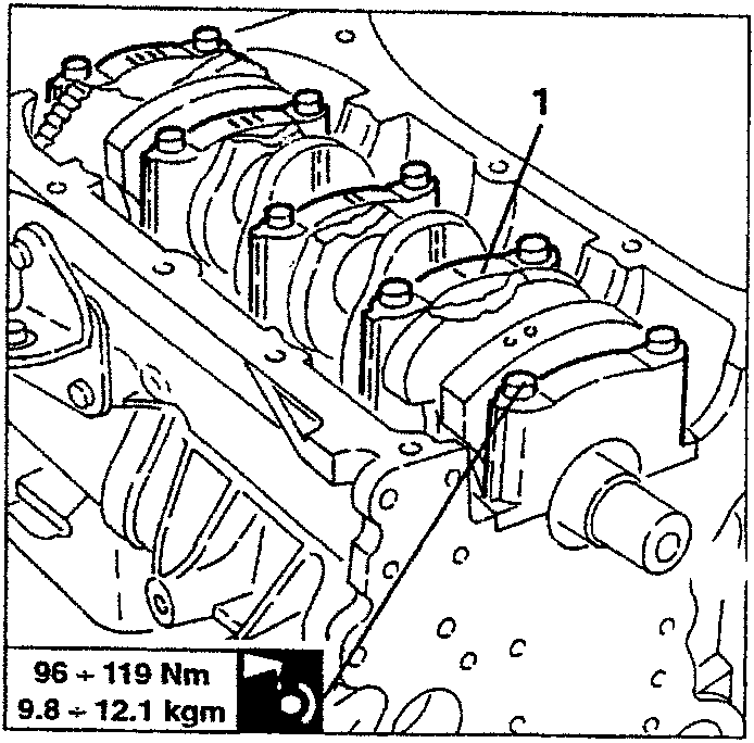 Illustration showing crankshaft reassembly with main bearing caps