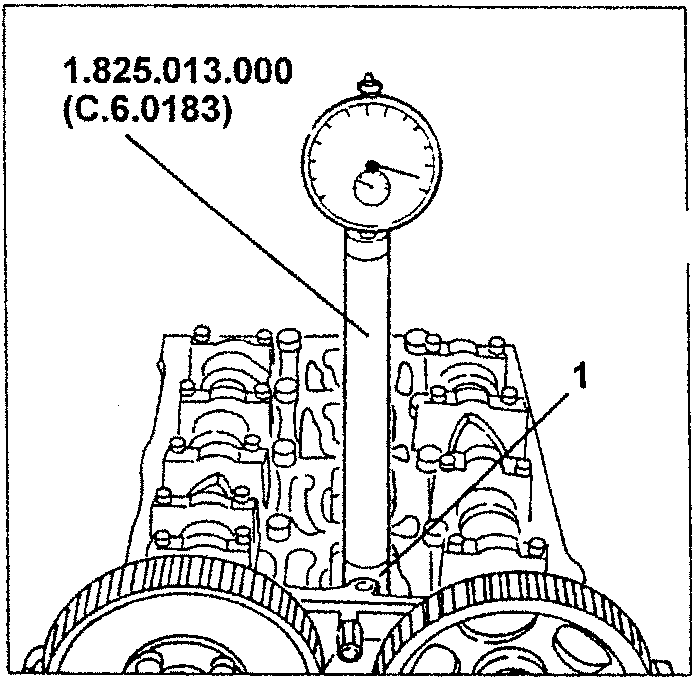 Tool 1.825.013.000 (C.6.0183) with dial gauge installed on spark plug seat
