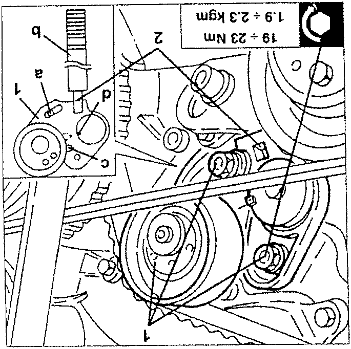 Timing belt installation diagram showing crankshaft, pulleys, and tensioner with torque specifications 19 + 23 Nm and 1.9 + 2.3 kgm.