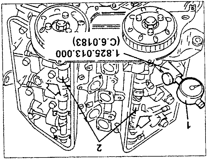 Crankshaft timing gear with TDC firing stroke indicator and tool number 1.825.013.000 (C.6.0183) for checking alignment of notches on camshafts and those on the respective caps.