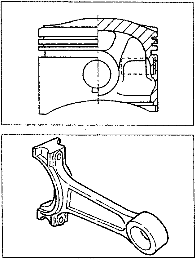 Cross-section view of a piston and connecting rod assembly, showing the piston head, rings, and connecting rod with its big end and small end.
