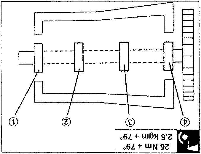 Crankshaft bearing installation diagram with numbered parts ①, ②, ③, ④