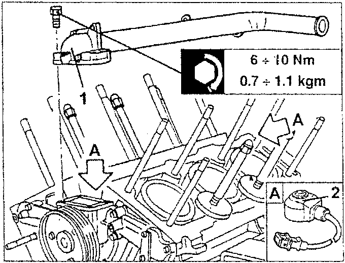 Pump coolant return manifold and knock sensors removal with torque specification 6 ÷ 10 Nm / 0.7 ÷ 1.1 kgm