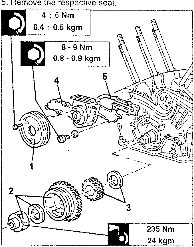 Diagram showing engine components with torque values 4÷5 Nm (0.4÷0.5 kgm), 8-9 Nm (0.8-0.9 kgm), and 235 Nm (24 kgm).