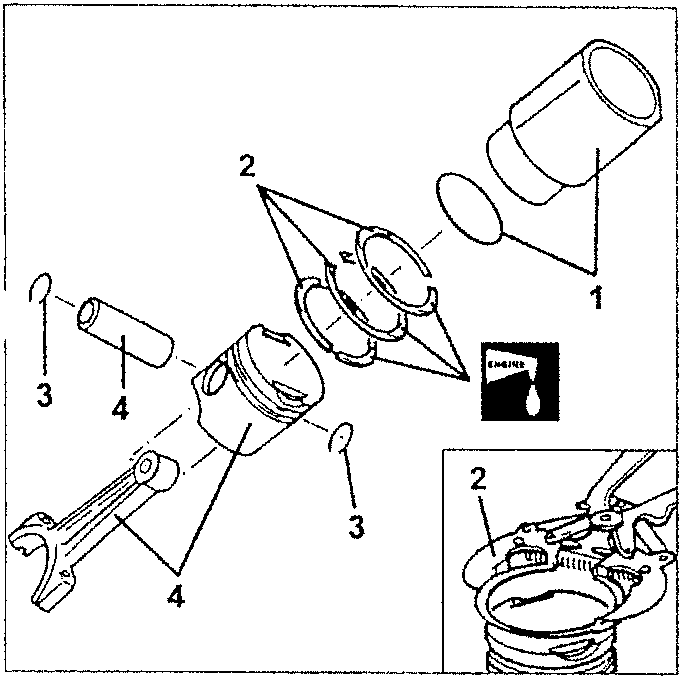Diagram showing piston, connecting rod, cylinder liner, and O-ring with numbered parts 1 to 4.