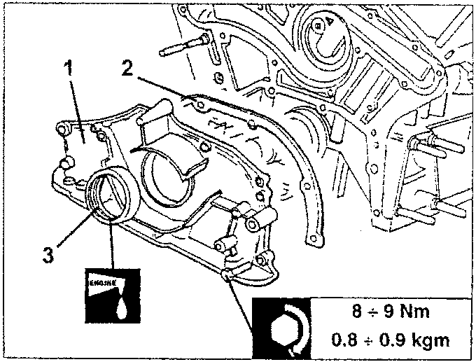 Diagram showing front crankcase cover with torque value 8÷9 Nm (0.8÷0.9 kgm).