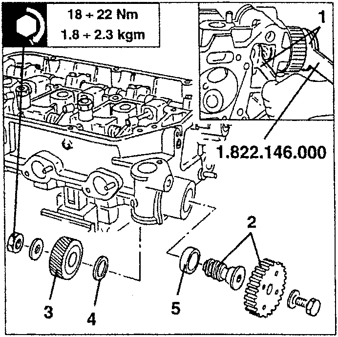 Diagram showing engine components with part numbers 1, 2, 3, 4, and 5. Part 1 is the oil pump drive pulley (1.822.146.000).