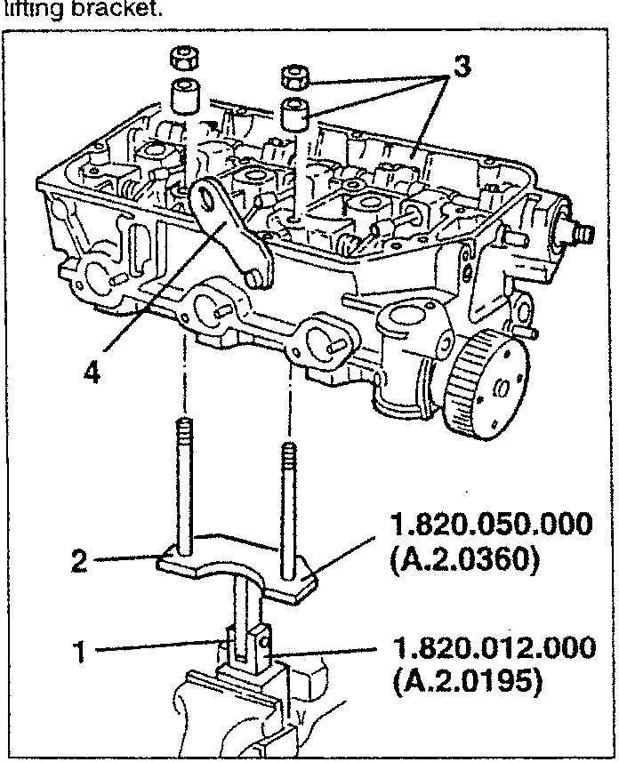 Diagram showing cylinder head assembly with swivel support, fork, and engine lifting bracket. Part 1 is the swivel support (1.820.012.000), part 2 is the fork (1.820.050.000), and part 3 is the cylinder head.