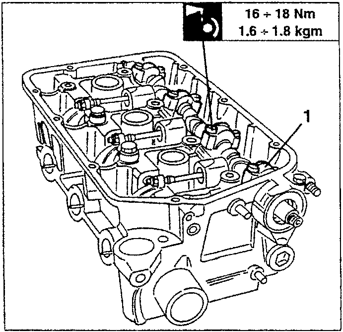 Diagram showing engine block with camshaft caps and fastening nuts. Torque specification: 16 + 18 Nm, 1.6 + 1.8 kgm.