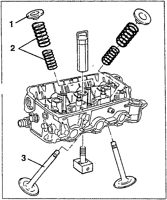 Diagram showing valve springs, valve stems, and valve seats in engine block