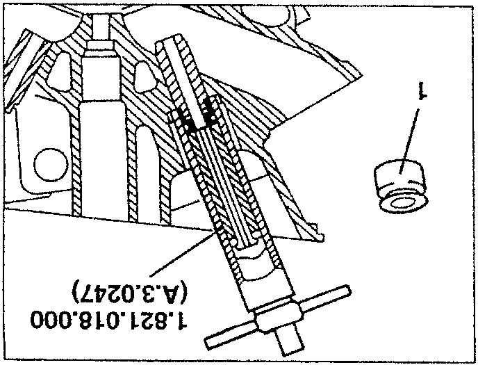 Close-up showing a puller tool labeled 1.821.018.000 (A.3.0247) being used to remove an oil seal cap from the engine block.