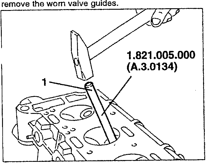 Illustrates removal of worn valve guides using specified tool