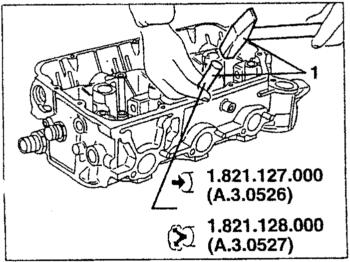 Inserting new valve guides using tools 1.821.127.000 and 1.821.128.000