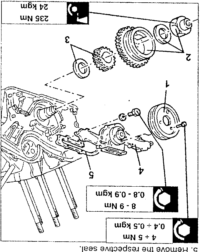 Crankshaft and piston removal diagram showing numbered parts 1, 2, 3, 4, and 5 with torque specifications