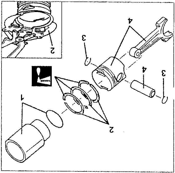 Piston removal diagram showing numbered parts 1, 2, 3, and 4