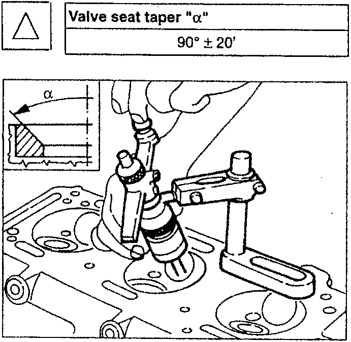 Valve seat taper "α" with angle 90° ± 20' shown in diagram