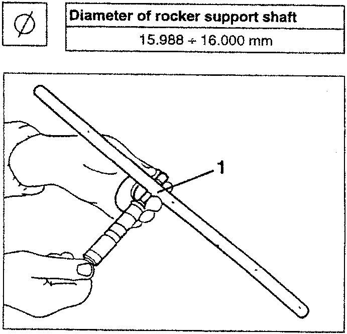 Diagram showing measurement of diameter of rocker support shaft with tool 1