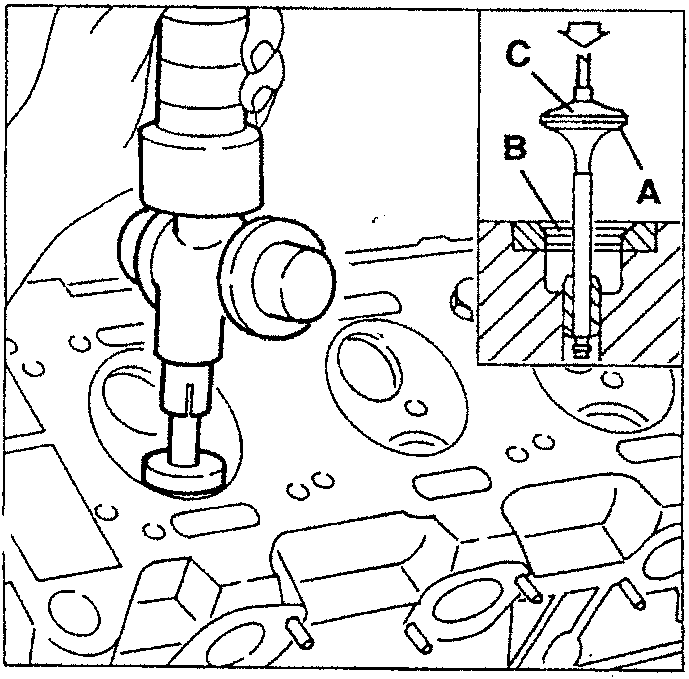 Diagram showing valve grinding with parts A, B, C labeled