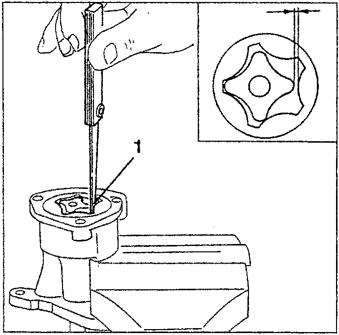 Illustration showing a hand using a tool to press a component into place, with an inset diagram of a star-shaped gear.