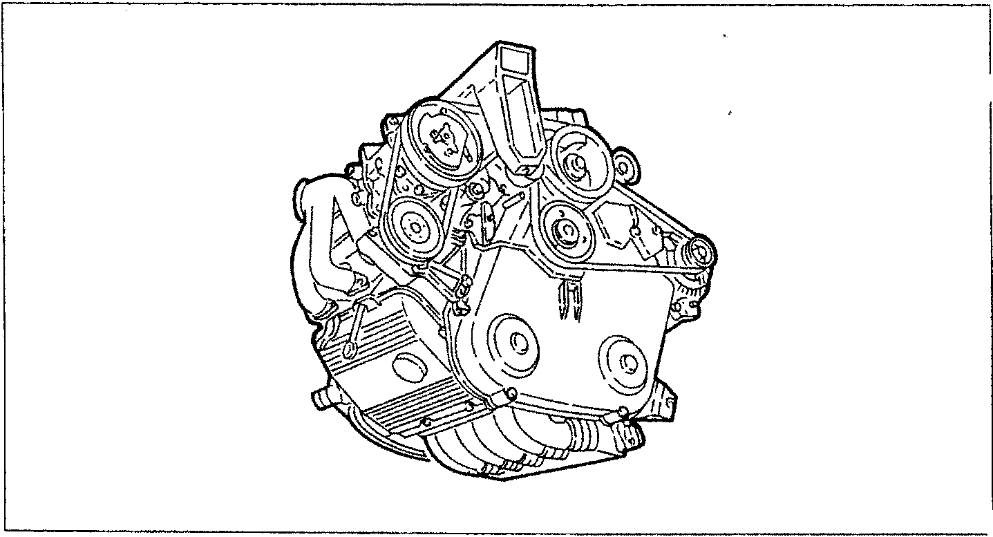 Engine assembly diagram showing components like belts, pulleys, and mounting points