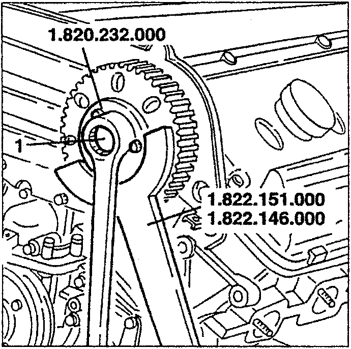 Timing gear pulley with tools 1.820.232.000, 1.822.151.000 and 1.822.146.000 installed