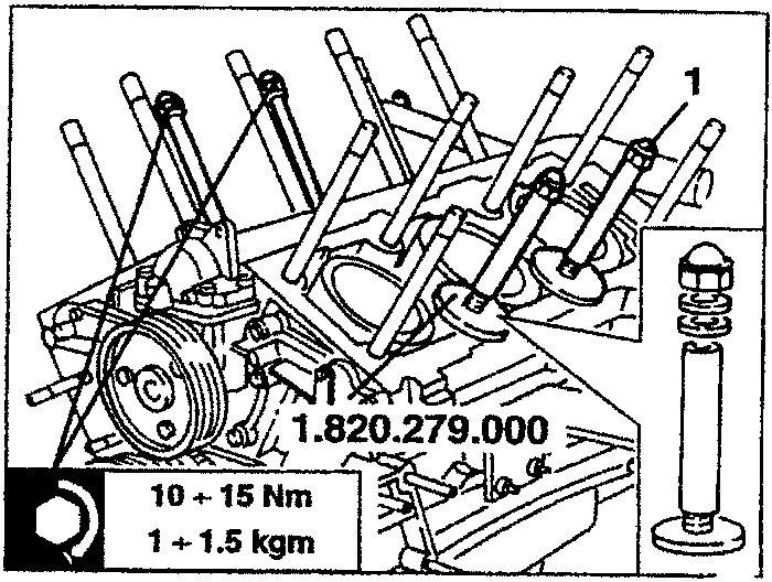 Diagram showing installation of cylinder liner stopper tools 1.820.279.000, with torque specification box