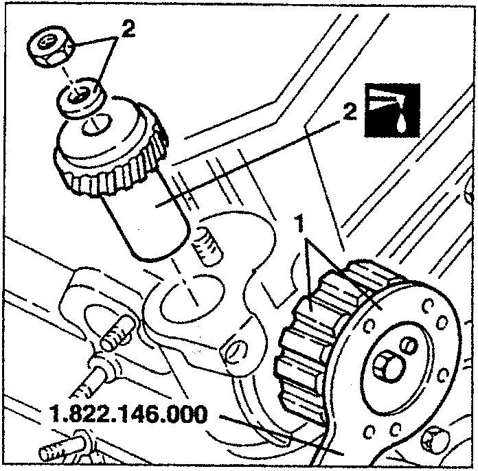 Diagram showing tool 1.822.146.000 preventing oil pump drive pulley from turning, with parts labeled 1 and 2