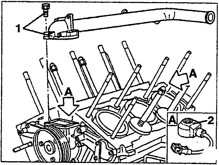 Diagram showing removal of coolant return hose and pinging sensors, parts labeled A and 2