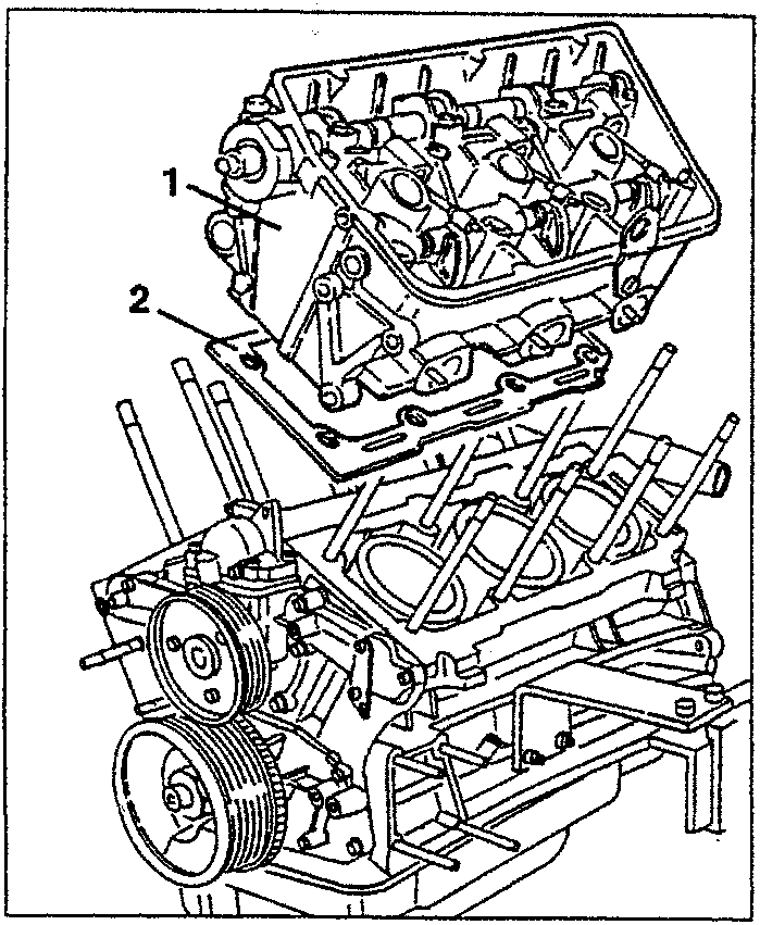 Diagram showing engine with cylinder heads removed, parts labeled 1 and 2
