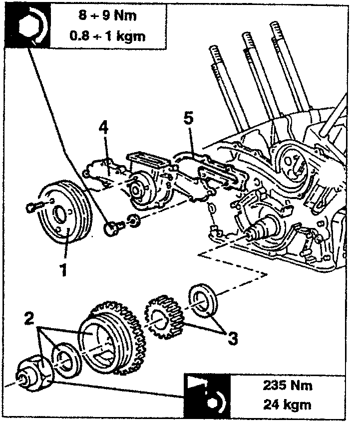 Diagram showing engine components with torque values: 8 + 9 Nm (0.8 + 1 kgm) for one part and 235 Nm (24 kgm) for another.