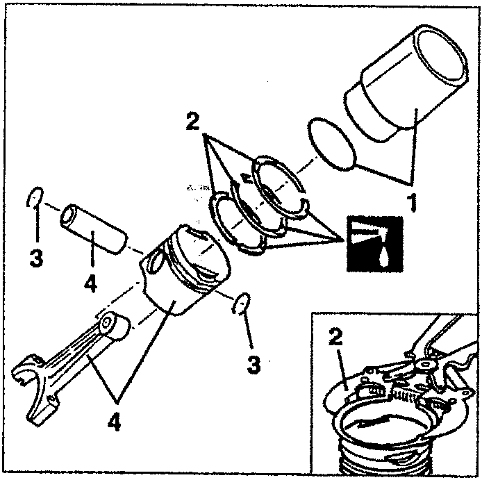 Diagram showing piston, connecting rod, and gudgeon pin seal rings with oil drop symbol indicating oil presence.