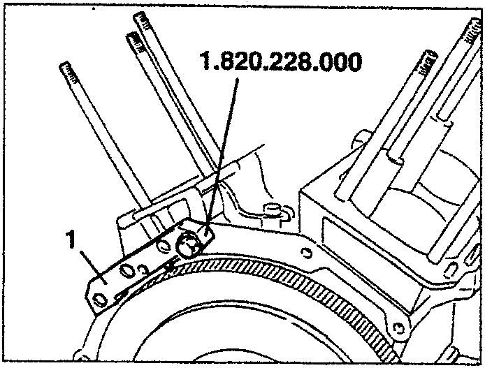 Diagram showing flywheel stopper tool 1.820.228.000 installed on crankshaft with fastening screws.