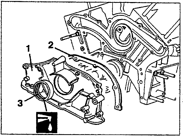 Diagram showing crankcase front cover with parts 1, 2, and 3 labeled.